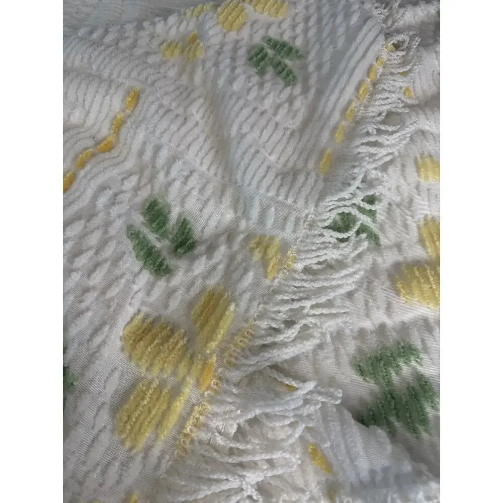 Vtg Chenile Bedspread Soft Yellow White Fringe Queen Full Double